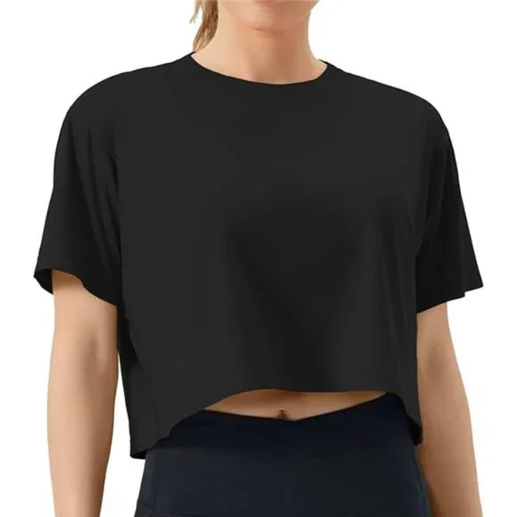 Women's Workout Crop Top T-Shirt Short Sleeve Boxy Running Cropped Basic Tee - Picture 7 of 7
